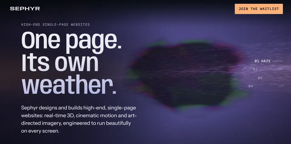 The SEPHYR homepage: “One page. Its own weather.” over a hazy violet 3D scene.