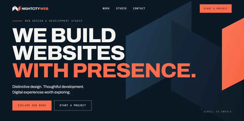 The NIGHTCITY WEB homepage: “We build websites with presence.”
