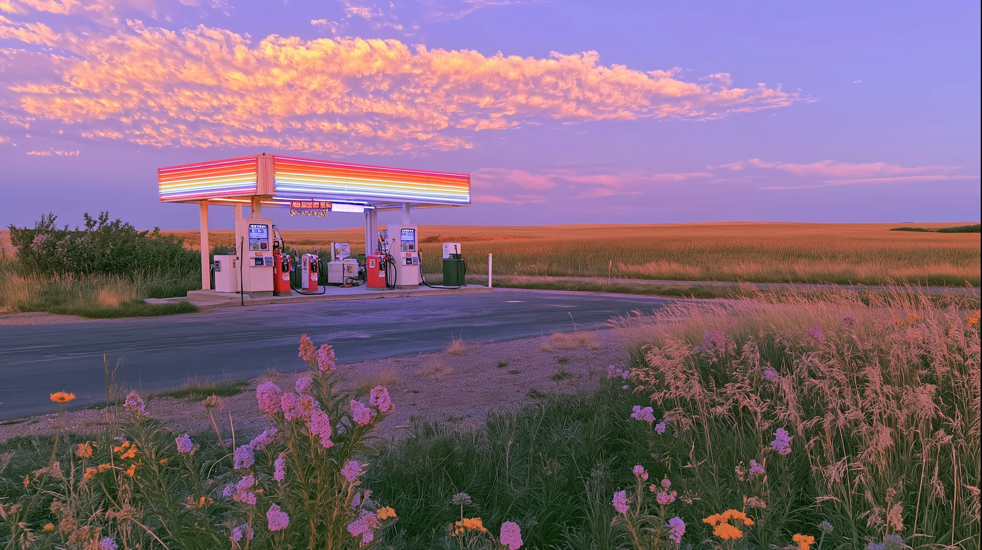 A small retro petrol station with a glowing, striped canopy, alone in open grassland beneath a lavender and peach sunset.